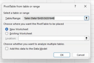 dialogue box to select your data set and where to create your pivot table