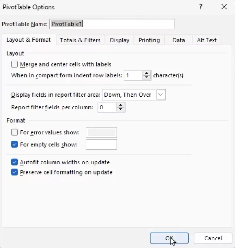 Option to deselect autofitting column widths and update in excel pivot tables