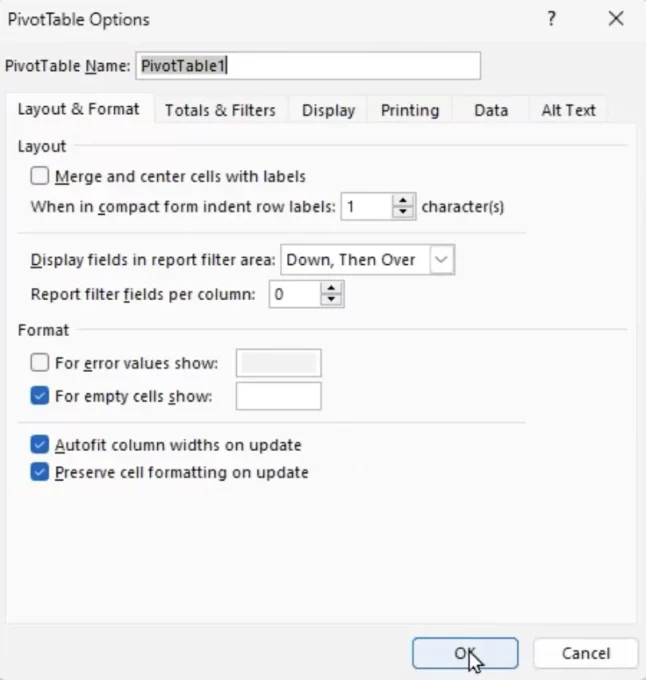 Option to deselect autofitting column widths and update in excel pivot tables