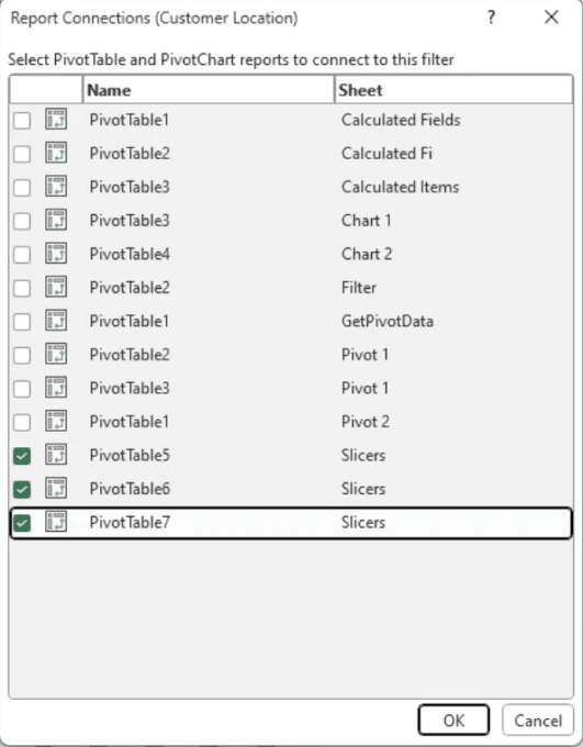 Applying a slicer to multiple pivot tables