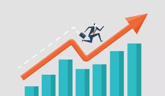 Clipart of a business person with a briefcase running on an arrow pointing up and to the right, above a bar graph, illustrating the concept that consistency gives self-discipline its power.