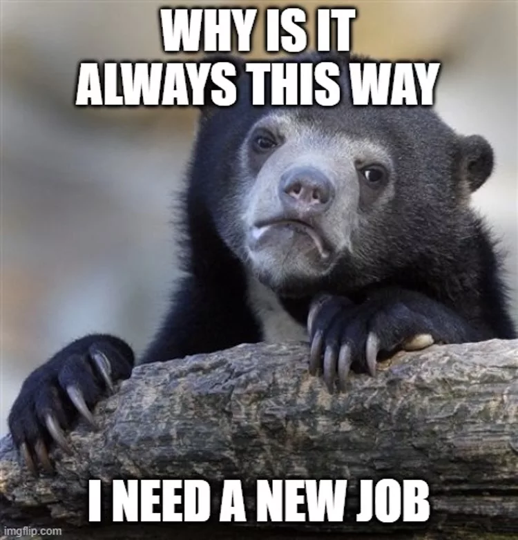 Ad hoc project management meme: A very sad and tired sloth leaning over a branch, looking defeated, with text that says "Why is it always this way? I need a new job."