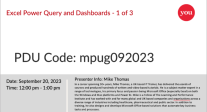 Excel Power Query and Dashboards - 1 of 3. PDU Code: mpug092023.