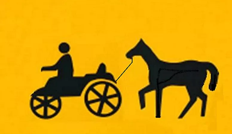 An illustration of a person putting the cart before the horse. 