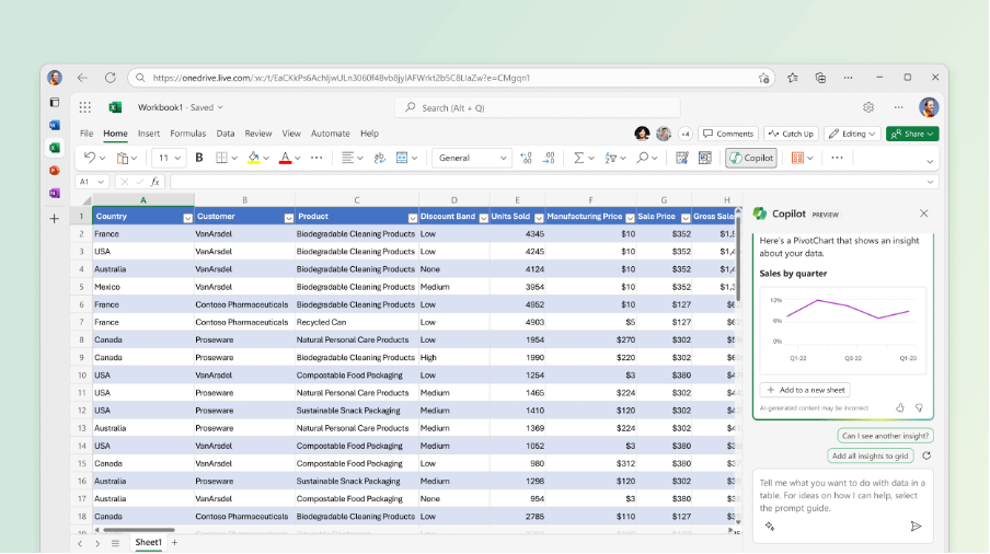 Figure 2 - using Copilot inside Excel to better understand your data.