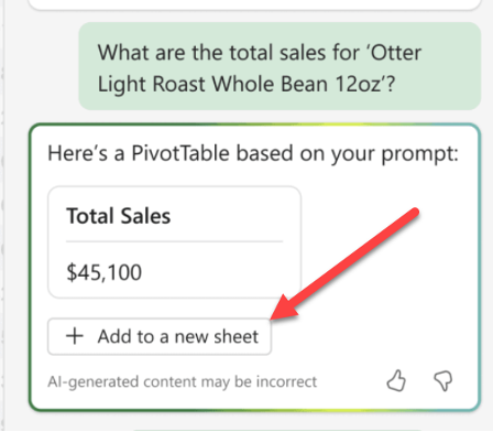 Figure 3 - Add to a new sheet option in the Copilot chat.